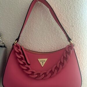 Guess Pink Leather Shoulder Bag with Chain Detail